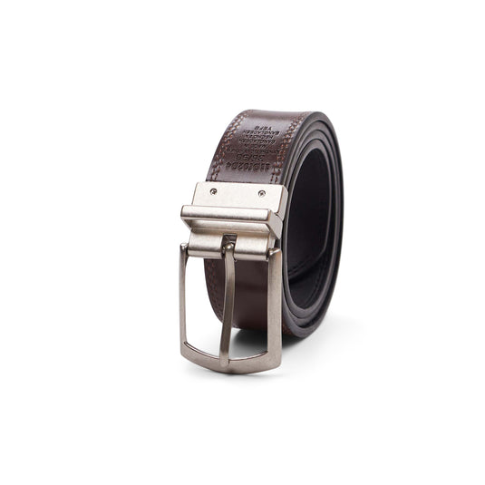 Brown leather Dickies belt rolled up with a silver buckle on a white background.