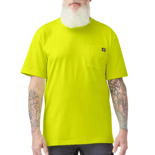 Person wearing a bright yellow Dickies tee on a white background.