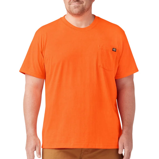 Person wearing a bright orange Dickies pocket tee on a white background.