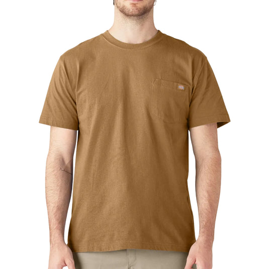 Man wearing a brown t-shirt with a Dickies logo on a white background