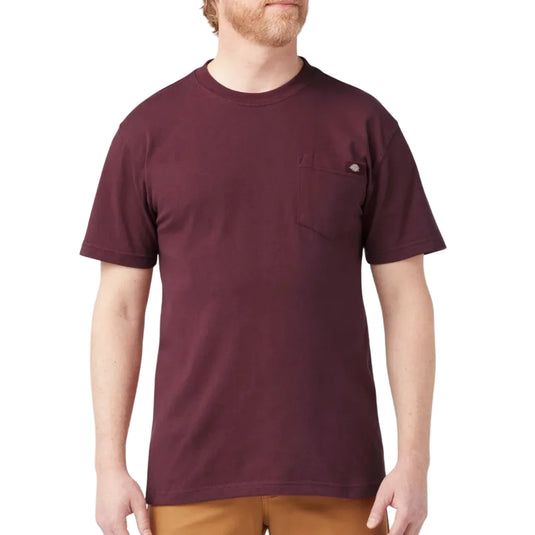 Person wearing a burgundy Dickies tee on a white background. 