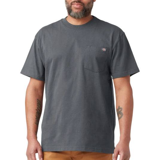 Person wearing a charcoal Dickies pocket tee on a white background.