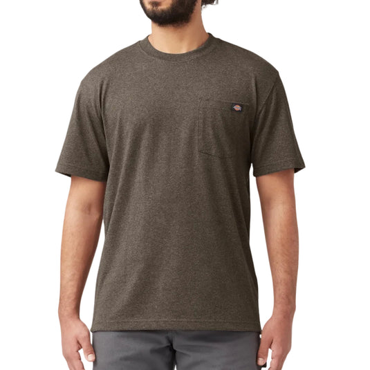 Man wearing a brown t-shirt with a Dickies logo on a white background