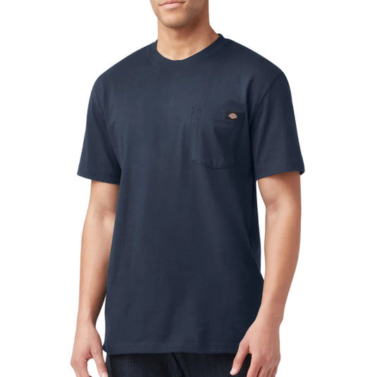 Person wearing a dark navy Dickies pocket tee on a white background. 