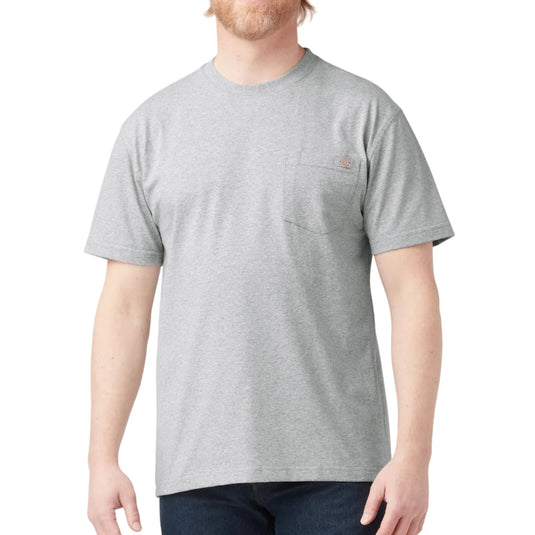 Man wearing a gray t-shirt with a logo on a white background
