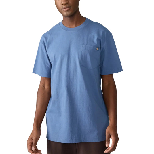 Man wearing a blue t-shirt on a white background