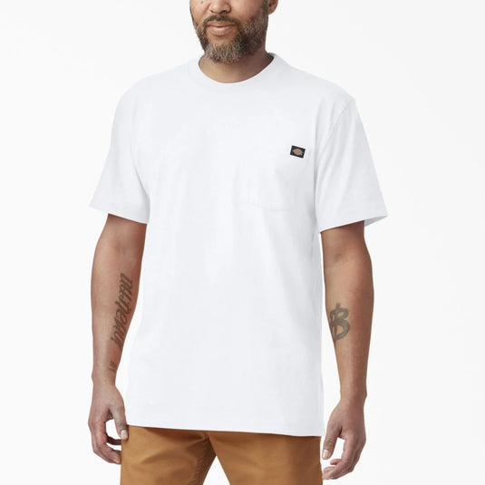 Person wearing a white Dickies pocket tee on a white background. 