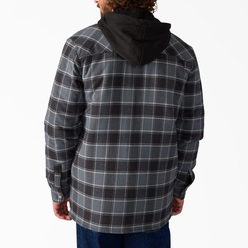 Load image into Gallery viewer, Man wearing a black and gray plaid shirt jacket with a hood on a white background
