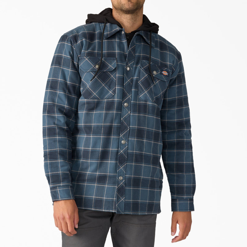 Load image into Gallery viewer, Man wearing a blue plaid shirt jacket with a black hood on a white background

