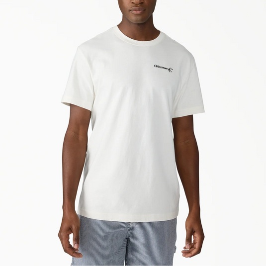 Man wearing a white t-shirt with a logo on a white background