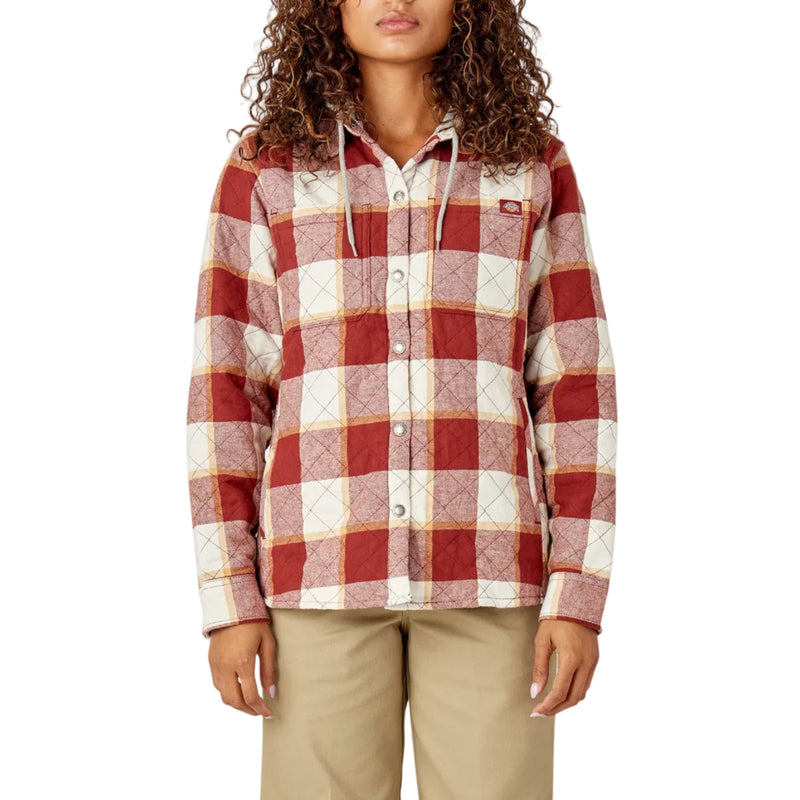 Load image into Gallery viewer, Woman wearing a red and white plaid shirt on a white background
