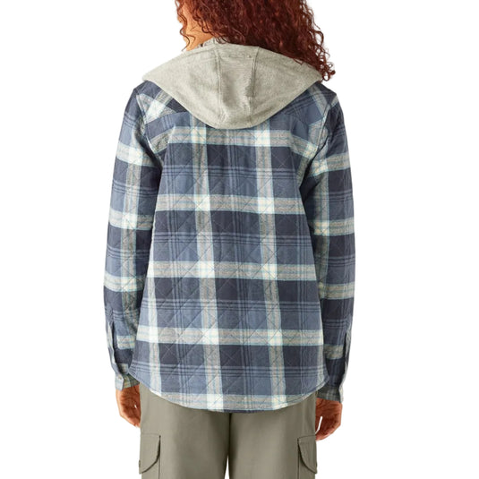 Person wearing a blue plaid shirt with a hood on a white background
