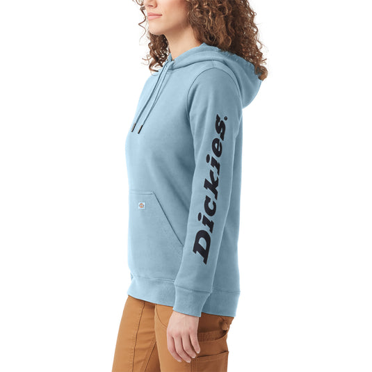 Person wearing a light blue hoodie with 'Dickies' branding on a white background