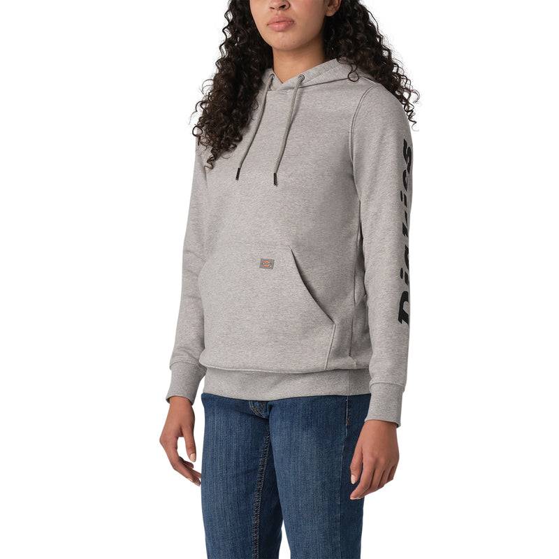Load image into Gallery viewer, Person wearing a gray hoodie with a brand logo on a white background
