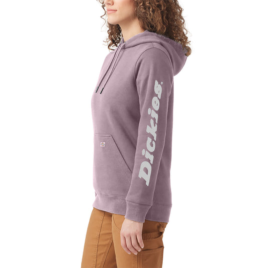 Person wearing a purple hoodie with 'Dickies' branding on a white background