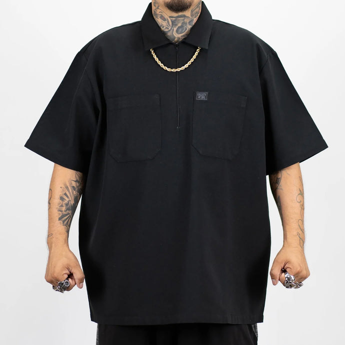 FB County short sleeve half zip shirt in solid black color.