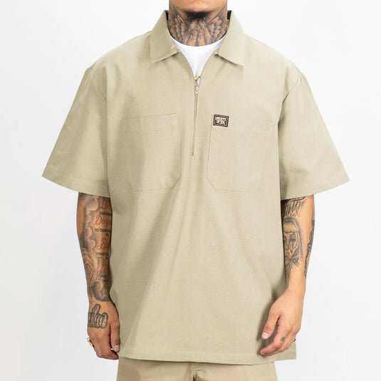 FB County short sleeve half zip shirt in solid khaki color.
