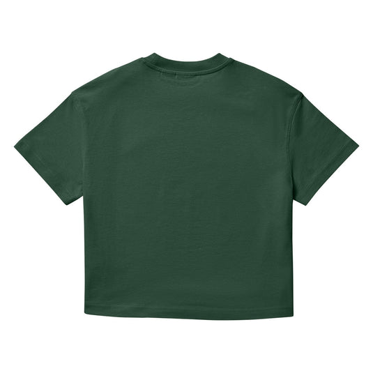The back of a pine needle green Women's Oakport Short Sleeve T-Shirt features a boxy, cropped fit that pairs perfectly with high-rise shorts or jeans.
