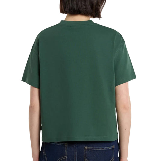 The back of a female model wearing a pine needle green Oakport Short Sleeve T-Shirt features a boxy, cropped fit that pairs perfectly with high-rise shorts or jeans.