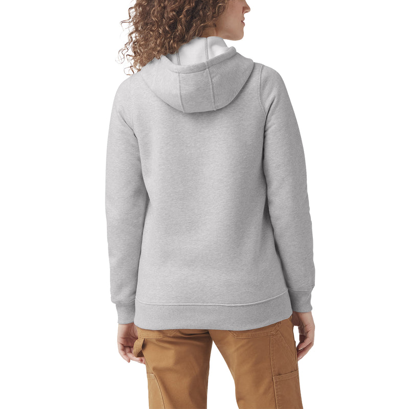 Load image into Gallery viewer, The back of a female model wearing a heather gray Dickies fleece pullover hoodie with the iconic tri-color classic horseshoe logo on the front center chest.
