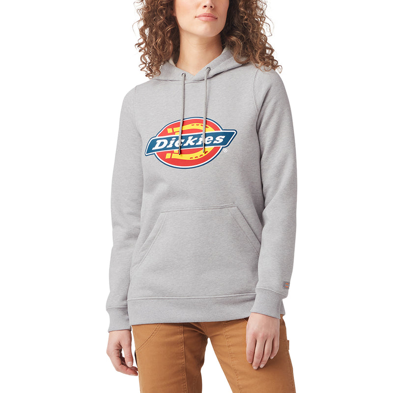 Load image into Gallery viewer, The front of a female model wearing a heather gray Dickies fleece pullover hoodie with the iconic tri-color classic horseshoe logo on the front center chest.
