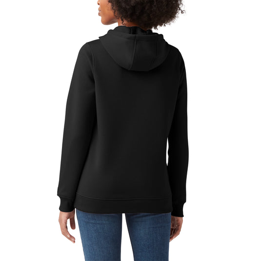 The back of a female model wearing a black Dickies fleece pullover hoodie with the iconic tri-color classic horseshoe logo on the front center chest.