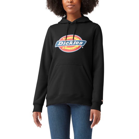 The front of a female model wearing a black Dickies fleece pullover hoodie with the iconic tri-color classic horseshoe logo on the front center chest.