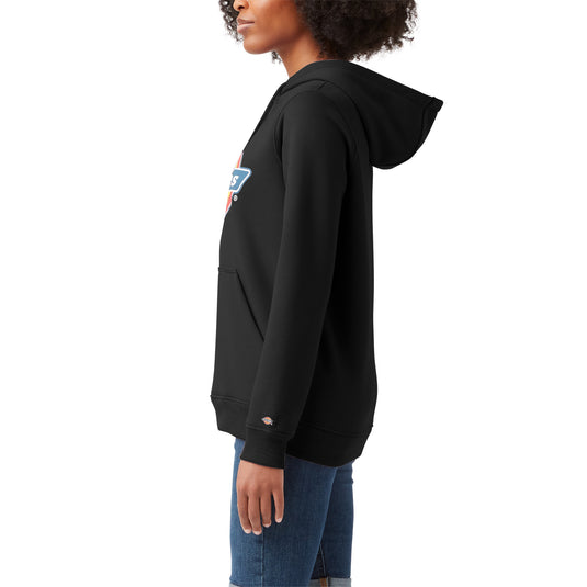 The side of a female model wearing a black Dickies fleece pullover hoodie with the iconic tri-color classic horseshoe logo on the front center chest.