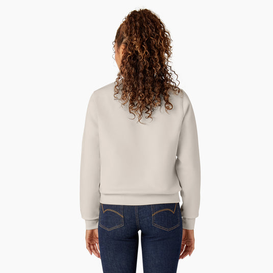 The back of the off white cream heavyweight fleece crewneck sweatshirt features a relaxed fit, shorter length that falls just below the waist, and the 