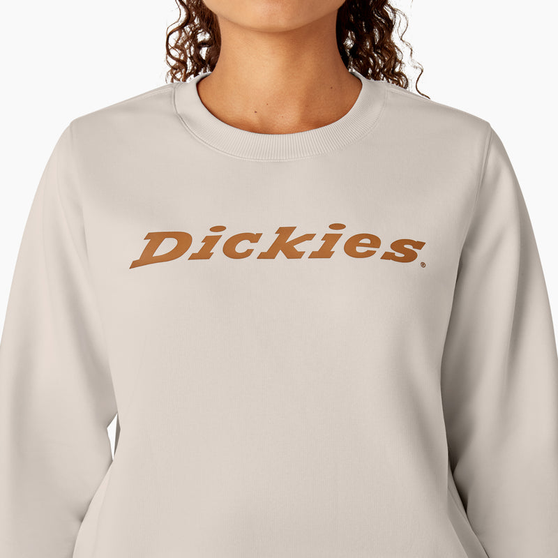 Load image into Gallery viewer, This off white cream heavyweight fleece crewneck sweatshirt features a relaxed fit, shorter length that falls just below the waist, and the "Dickies" logo on the front center chest.
