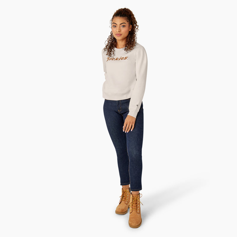 Load image into Gallery viewer, This off white cream heavyweight fleece crewneck sweatshirt features a relaxed fit, shorter length that falls just below the waist, and the "Dickies" logo on the front center chest.

