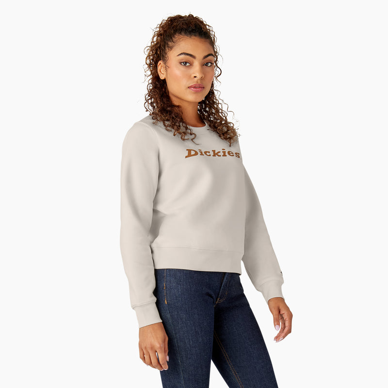 Load image into Gallery viewer, This off white cream heavyweight fleece crewneck sweatshirt features a relaxed fit, shorter length that falls just below the waist, and the "Dickies" logo on the front center chest.

