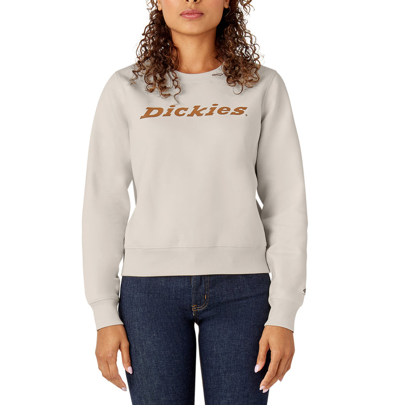 Load image into Gallery viewer, This off white cream heavyweight fleece crewneck sweatshirt features a relaxed fit, shorter length that falls just below the waist, and the "Dickies" logo on the front center chest.
