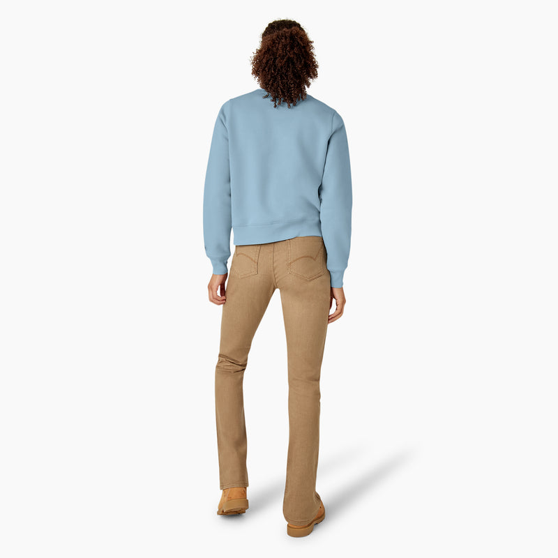 Load image into Gallery viewer, The back of a light blue heavyweight fleece crewneck sweatshirt features a relaxed fit, shorter length that falls just below the waist, and the "Dickies" logo on the front center chest.
