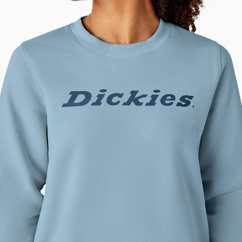 Load image into Gallery viewer, This light blue heavyweight fleece crewneck sweatshirt features a relaxed fit, shorter length that falls just below the waist, and the "Dickies" logo on the front center chest.
