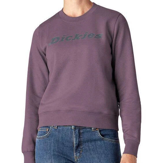 Load image into Gallery viewer, This purple heavyweight fleece crewneck sweatshirt features a relaxed fit, shorter length that falls just below the waist, and the "Dickies" logo on the front center chest.
