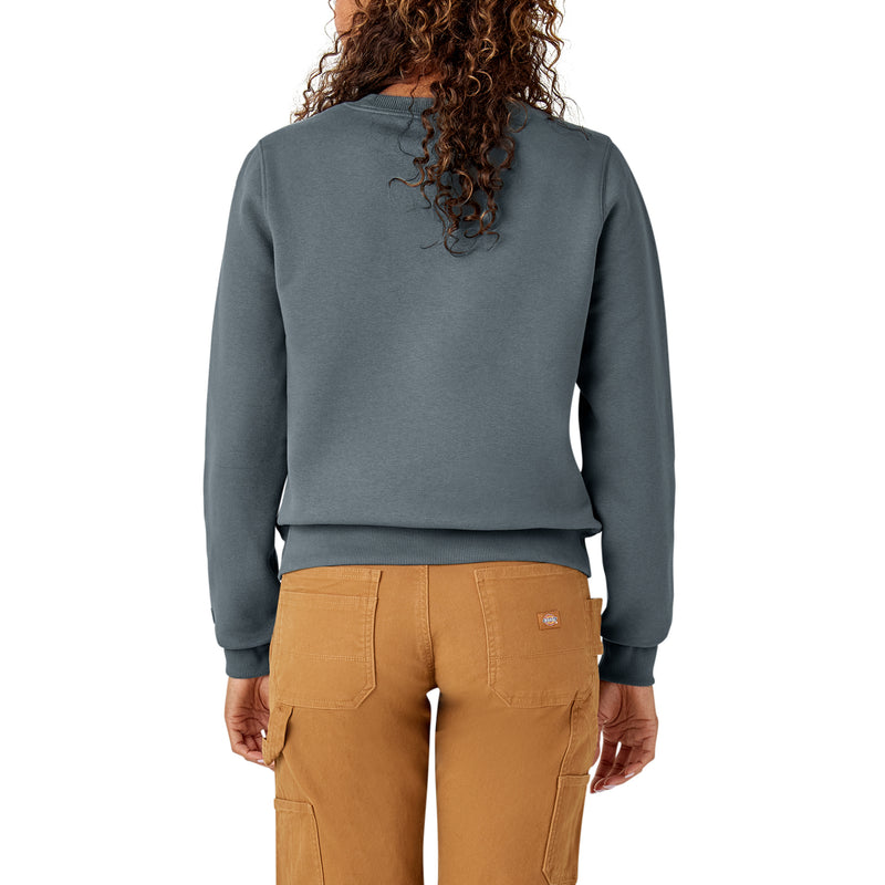 Load image into Gallery viewer, The back of a steely gray blue heavyweight fleece crewneck sweatshirt features a relaxed fit, shorter length that falls just below the waist, and the "Dickies" logo on the front center chest.
