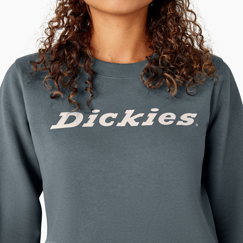 Load image into Gallery viewer, This steely gray blue heavyweight fleece crewneck sweatshirt features a relaxed fit, shorter length that falls just below the waist, and the "Dickies" logo on the front center chest.
