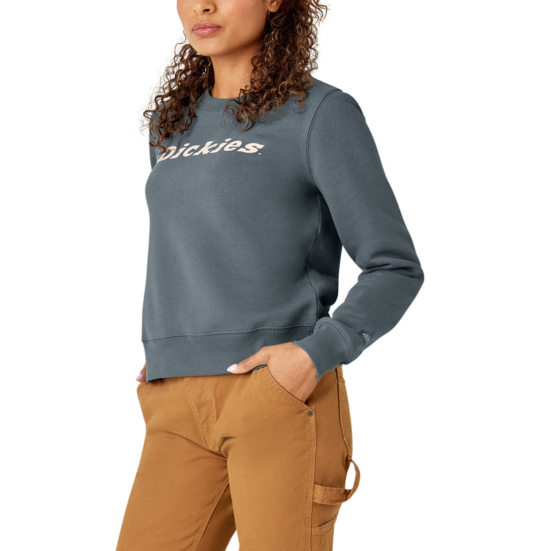 Load image into Gallery viewer, This steely gray blue heavyweight fleece crewneck sweatshirt features a relaxed fit, shorter length that falls just below the waist, and the "Dickies" logo on the front center chest.
