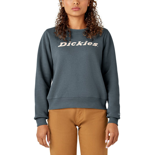 This steely gray blue heavyweight fleece crewneck sweatshirt features a relaxed fit, shorter length that falls just below the waist, and the "Dickies" logo on the front center chest.