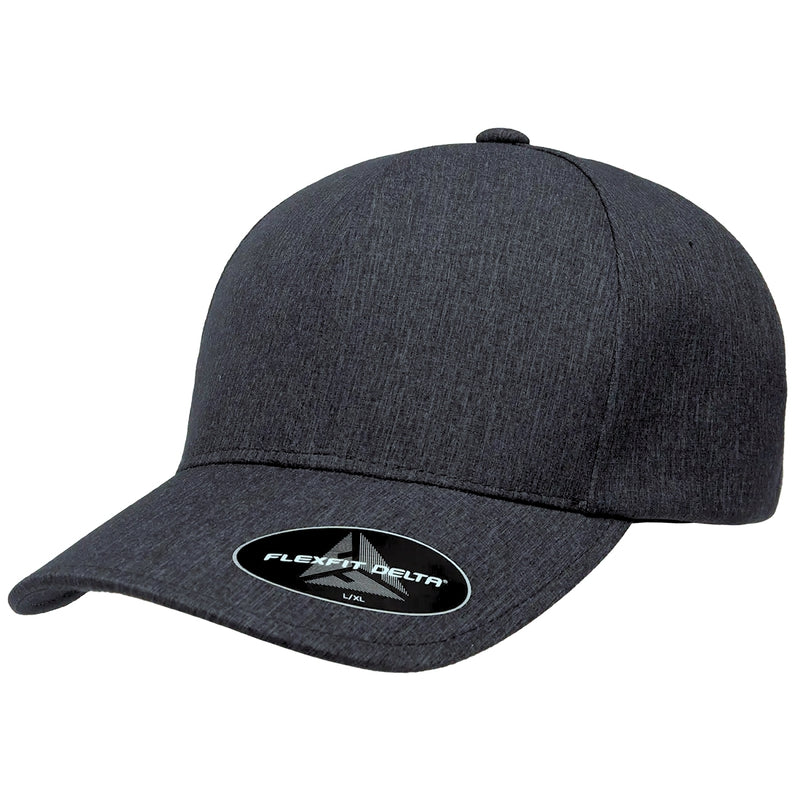 Load image into Gallery viewer, Charcoal black cap with grid-like pattern on the fabric - Flexfit Delta sticker. 
