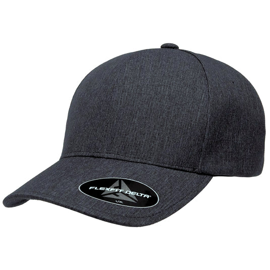 Charcoal black cap with grid-like pattern on the fabric - Flexfit Delta sticker. 