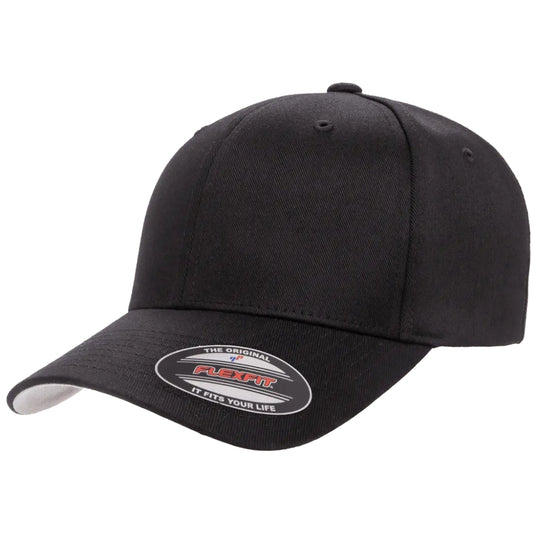 Original Flexfit cap with 6 panels and a pre-curved bill in black.  Silver under the visor bill. 