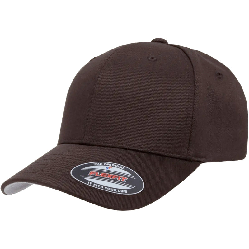 Load image into Gallery viewer, Original Flexfit ball cap with 6 panels and a pre-curved bill in dark brown.  Silver under the visor bill. 
