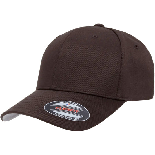 Original Flexfit ball cap with 6 panels and a pre-curved bill in dark brown.  Silver under the visor bill. 