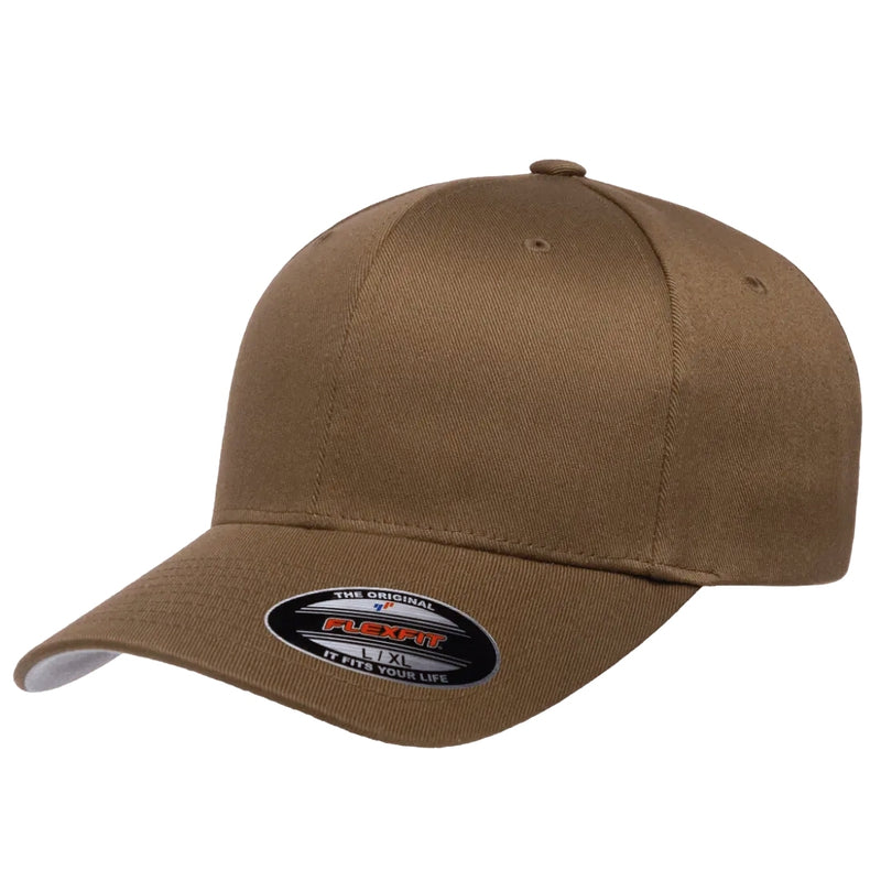 Load image into Gallery viewer, Original Flexfit ball cap with 6 panels and a pre-curved bill in coyote tan.  Silver under the visor bill. 
