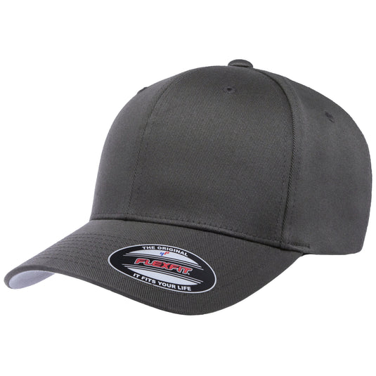Original Flexfit ball cap with 6 panels and a pre-curved bill in dark charcoal gray.  Silver under the visor bill. 