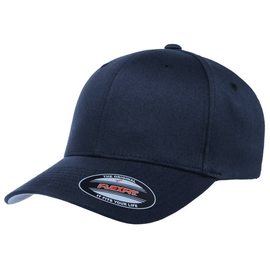 Original Flexfit ball cap with 6 panels and a pre-curved bill in dark navy blue.  Silver under the visor bill. 