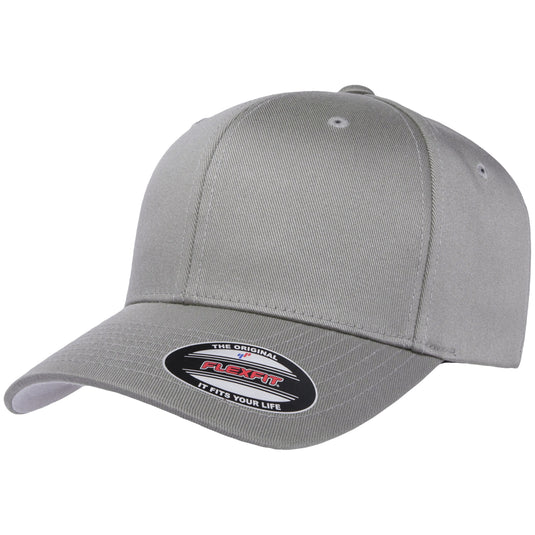 Original Flexfit ball cap with 6 panels and a pre-curved bill in gray.  Silver under the visor bill. 