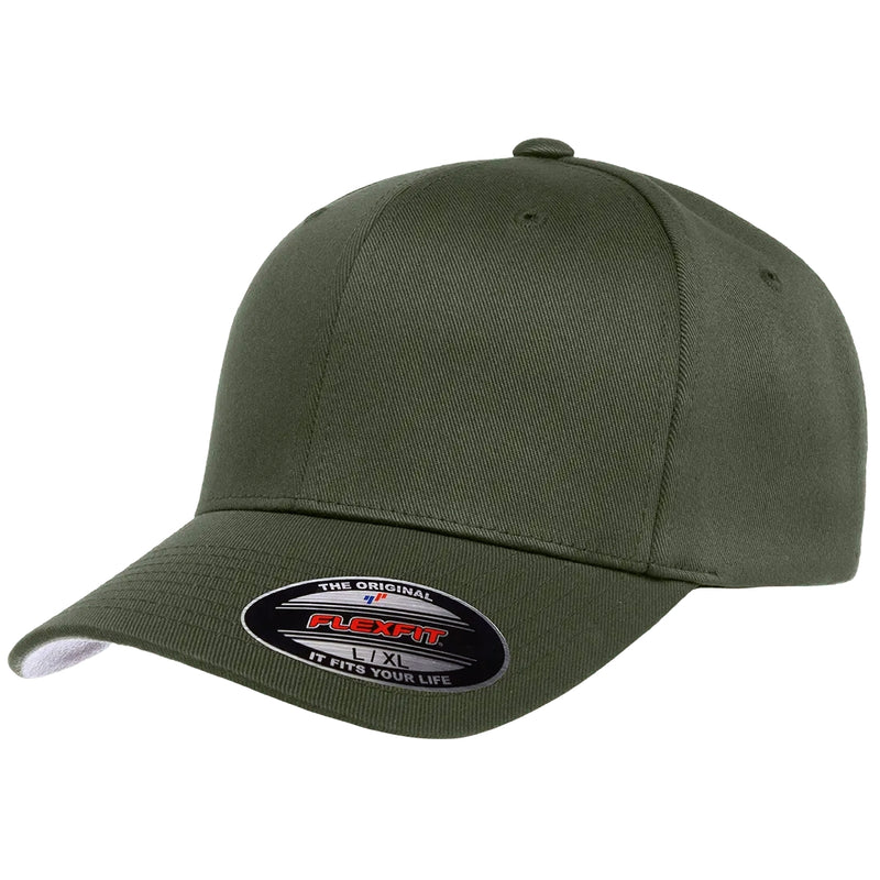 Load image into Gallery viewer, Original Flexfit ball cap with 6 panels and a pre-curved bill in olive green.  Silver under the visor bill. 

